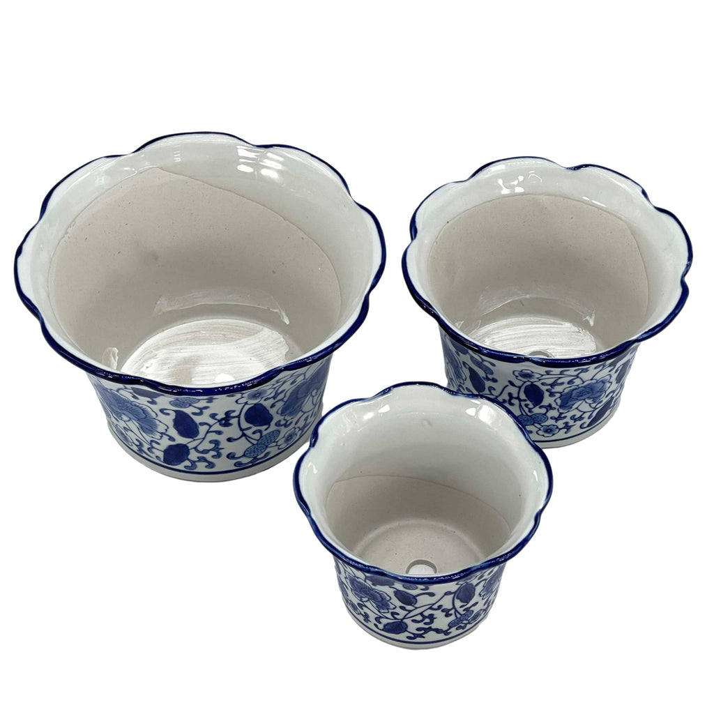 Blue & White Floral Porcelain Ceramic Decorative Flower Pot 8"/6"/4.5" Garden Pots Chinese Asian Design - Set of 3