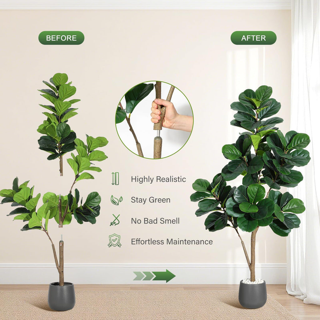 5 ft Fiddle Leaf Fig Tree Artificial with 77 Leaves - Realistic Faux Ficus Lyrata Trees in 7.8 in Grey Planter Pot