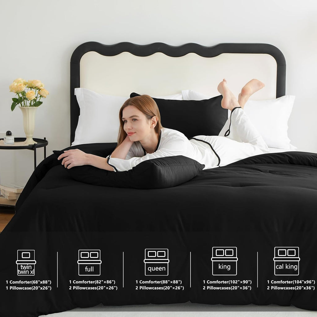 Queen Comforter Set Black, 3 Pieces Solid Comforters Queen Breathable Quilted Bedding Sets
