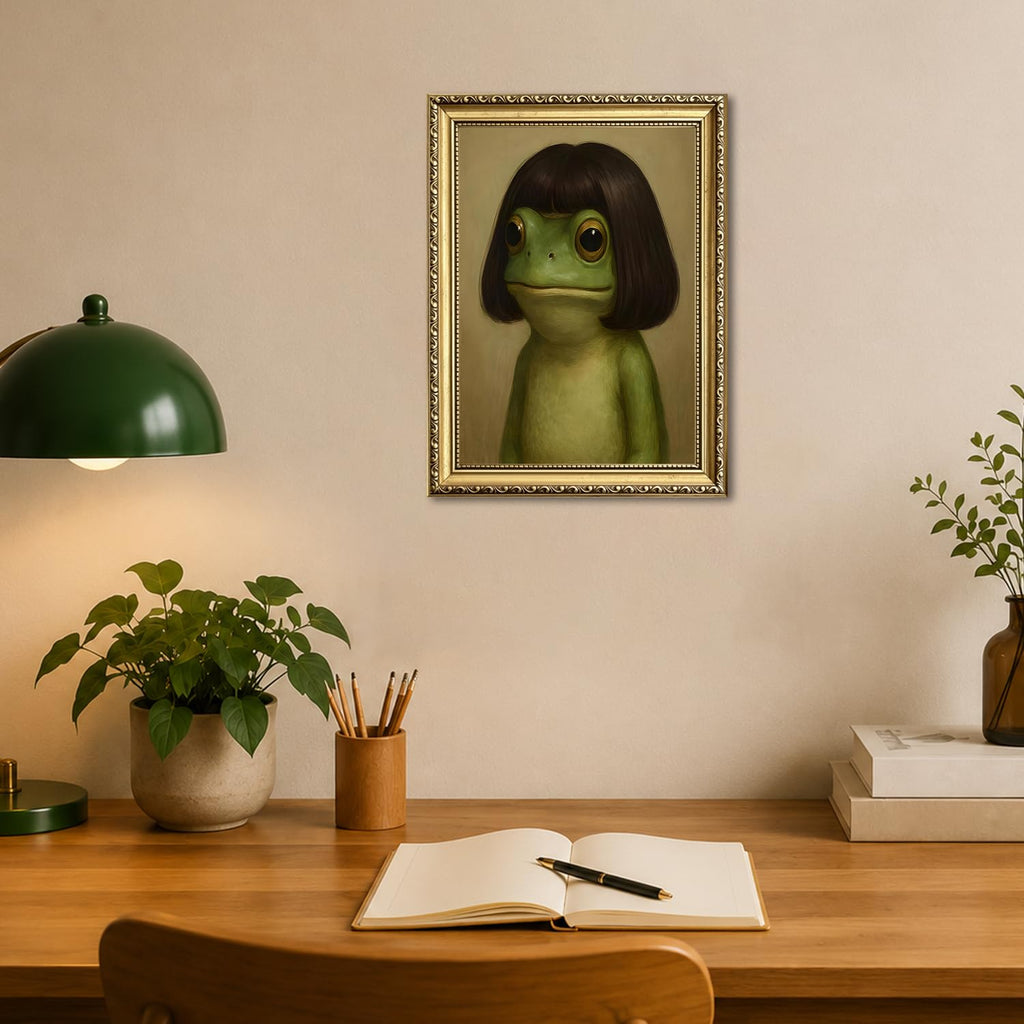 Gold Framed Funny Frog Wall Art, Whimsical Green Frog Wall Decor Painting Cute Animal Poster Canvas Prints Artwork