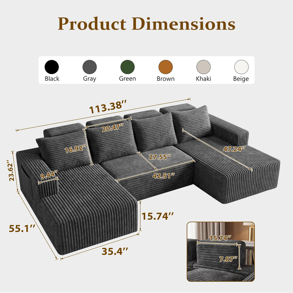 Boneless Couches 113" - Modular Sectional Sofa with Side Pockets U Shaped High Back Oversized Deep Seat Corduroy No