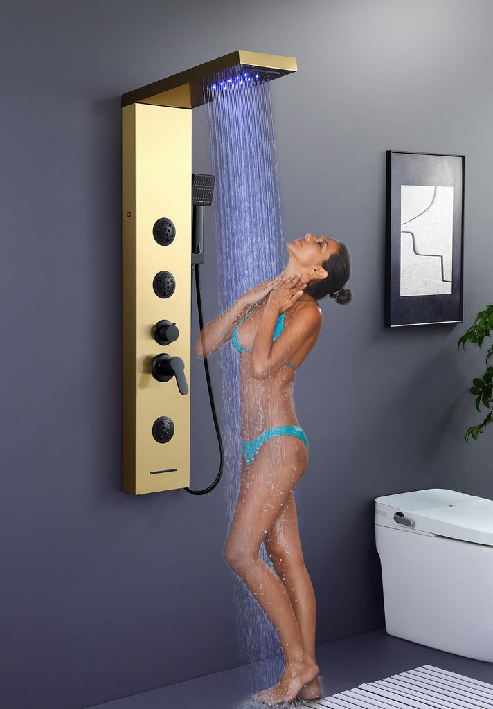 6 in 1 LED Rainfall Waterfall Shower Panel Tower System Brushed Gold