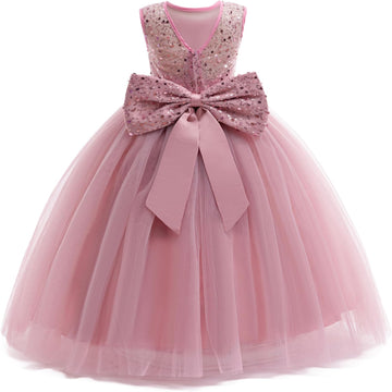 Sequin Tulle Dress Formal Pageant Sparkly Birthday Party Wedding Guest Ball Gown Dresses with Bow