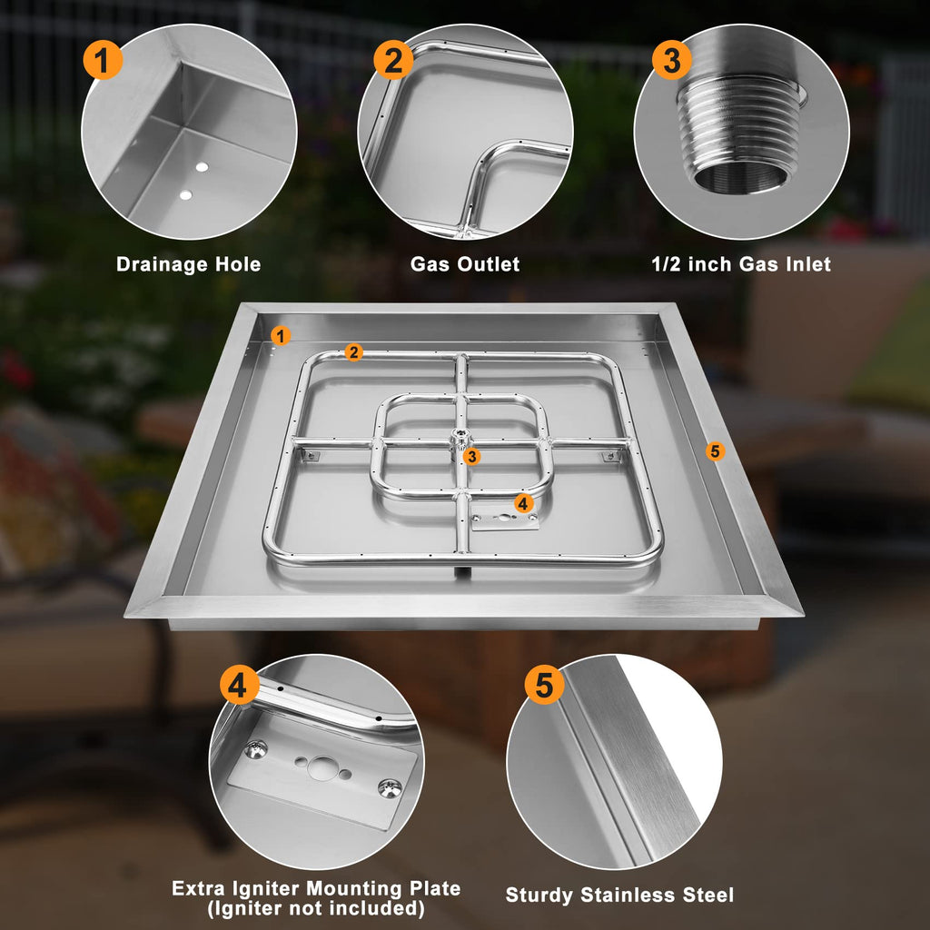 24" Square Fire Pit Flat Pan with Burner Ring, 147, 000 BTU