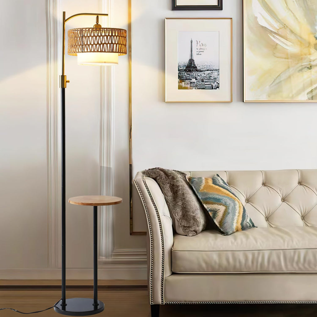 Dimmable Floor Lamp with Table and Marble Base, Arc Floor Lamp with Dimmable Bulb, Boho Farmhouse Standing lamp with