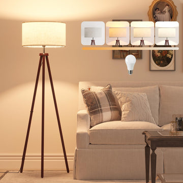 Wood Tripod Floor Lamps, and Office, Corner lamp with Beige Linen Shade, 12W Three-Color Bulb Included, Pull Chain