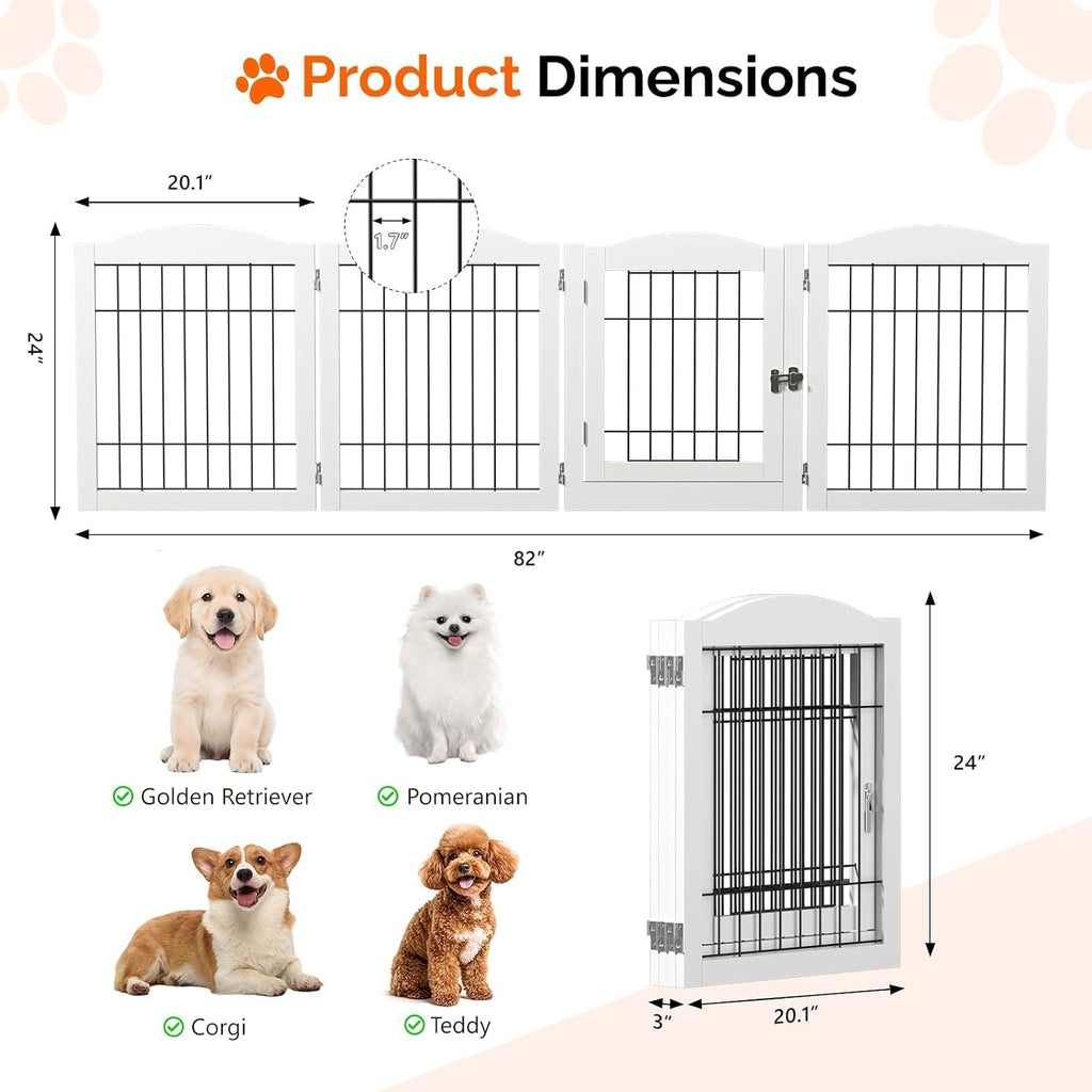 Freestanding Dog Gate, 24" H Pet Gate with 4 Panel Walk Through Door, Foldable Dog Safety Fence for Stairs Doorways
