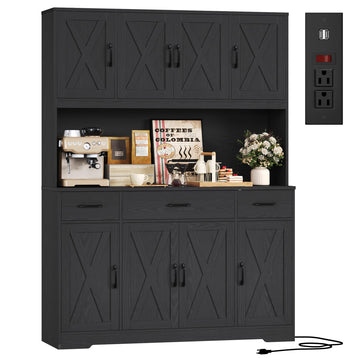 71" H Kitchen Pantry Cabinet, 55" Kitchen Hutch, Black Wood Grain