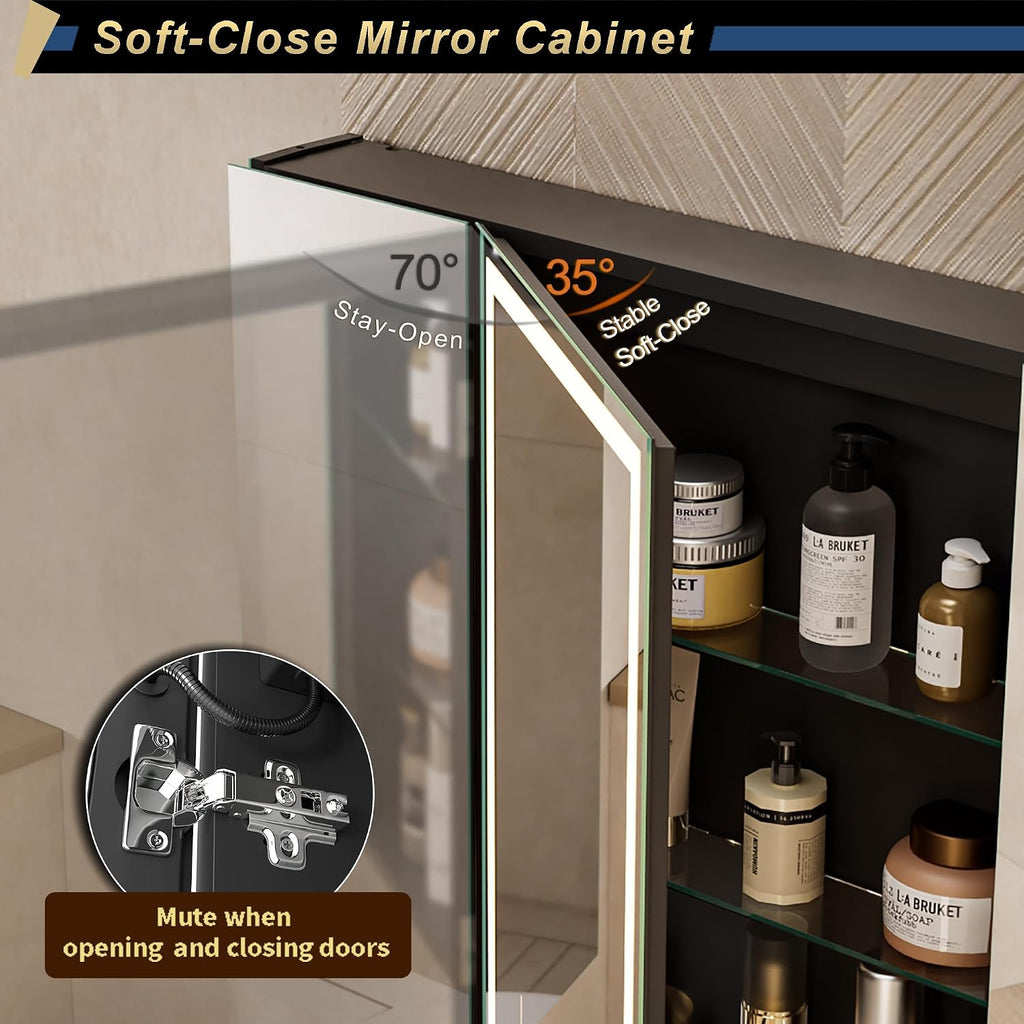 40*28 inch Three-door Aluminum LED Lighted Bathroom Medicine Mirror Cabinet | Light Adjustable, Sockets & USBs