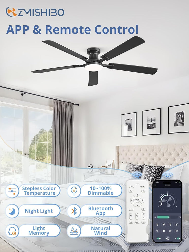 60 Inch Ceiling Fan with Light, App&Remote Control, Flush Mount Low Profile, Dimmable 20W LED Light, Quiet Reversible Motor for Bedroom, Living Room, Apartment, Black A101-B0F8B78QVG