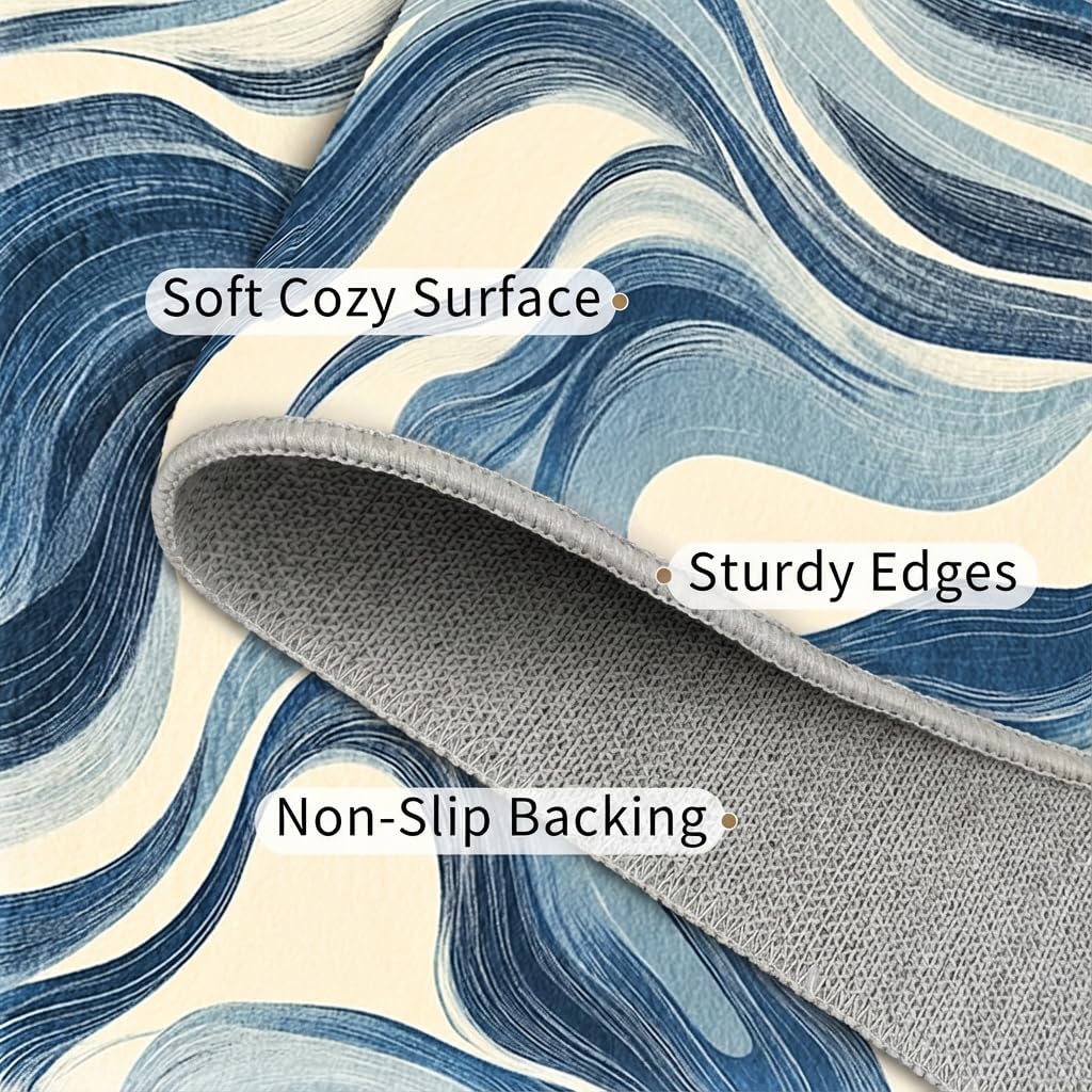 Blue and White Wave Area Rug 5x7 Modern Wavy Stripes Rugs