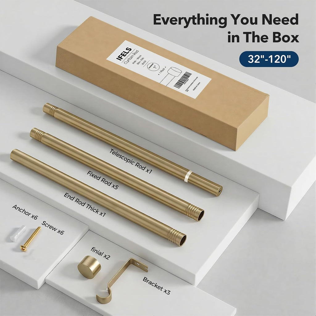 Heavy Duty Brush Gold Curtain Rods for Windows, 1 Inch Brass Curtain Rod Adjustable with Metal Modern