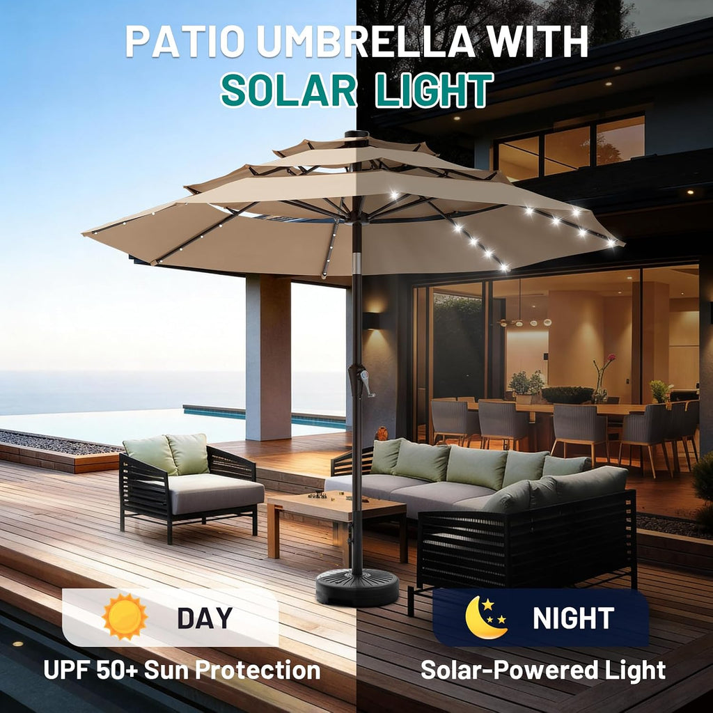 9ft 3 Tiers Patio Umbrella with Solar Lights, Outdoor Umbrella w/ 32 LED Lights&8 Sturdy Ribs