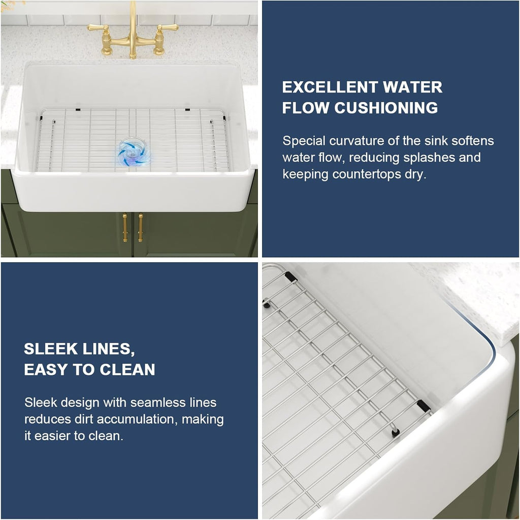 33 Inch White Farmhouse Sink Solid Fireclay | 33"x20"x10" Larger Apron Front Farm House Farmer Style Sinks, Easy to