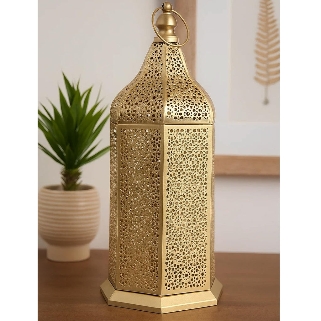 16" Champagne Gold Moroccan Decorative Candle Lantern - Metal Hexagon Lantern for Table or Hanging, Ramadan Turkish