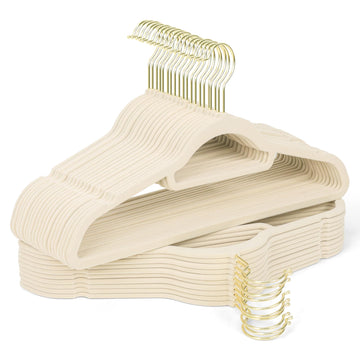 Velvet Hangers 30 Pack with Gold Hooks, Non-Slip Felt Clothes Hangers Beige