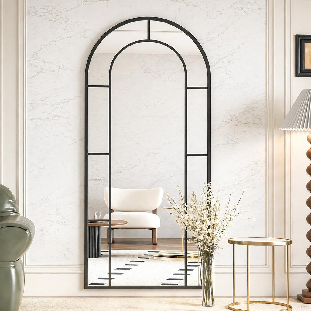 Arched Full Length Mirror, 56"x22" Large Window Floor Mirror, Farmhouse Pane Mirrors with Metal Framed, Full Body