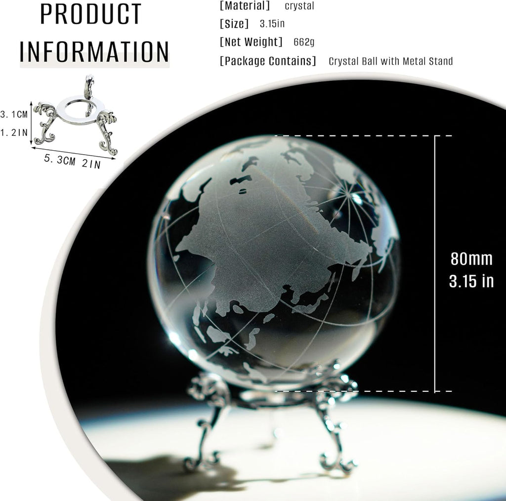 3.15in Crystal Earth Globe with Stand Glass World Globe Paperweight
