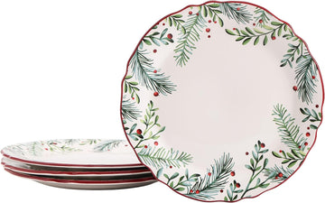 Santa On The Way Wreath Scalloped Dinner Plates Set of 4, 11 Inch Large Ceramic Plates for Pasta, Steak, Stylish