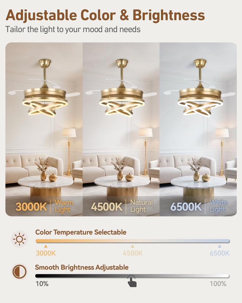 42 Inch Retractable Ceiling Fan with Lights, Gold Fandelier Chandelier Fan with Remote, 6-Speed Silent DC Motor