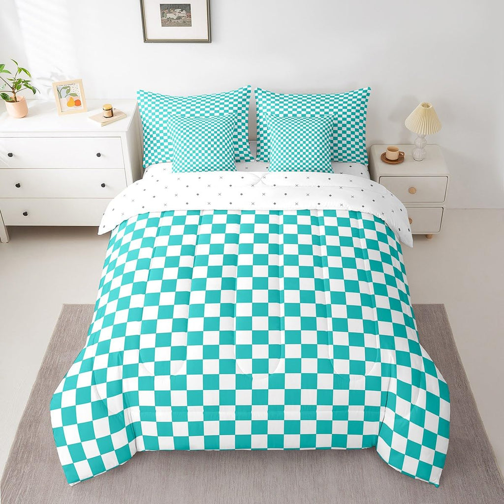 Teal Checkered Comforter Set with Sheets 7 Piece