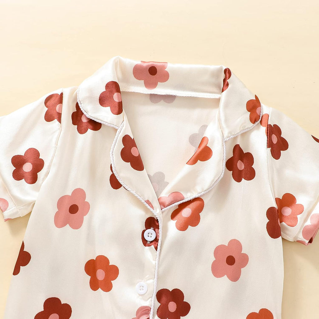 Toddler Girls Floral Silk Pajamas Short Sleeve Button-Up Top Shorts Summer 2PC Flowers Satin Pajamas Set