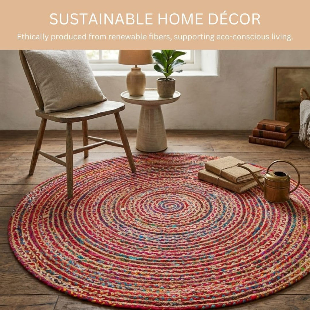 WeWove Hand Woven Area Rug 6 Feet Round - Jute Cotton Area Rug Rustic Farmhouse Boho Accent Rug