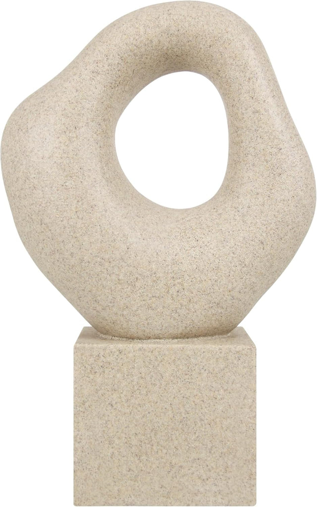 Minimalist Tabletop Decor Shelf Bookshelf Office, 13'' Tall Asymmetrical Organic Form Statue with Cube Base, Sand