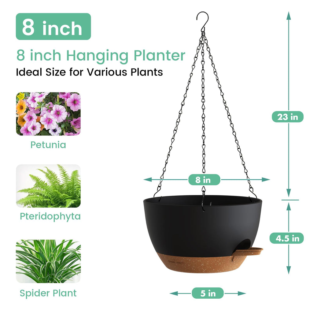 4 Pack 8 Inch Self Watering Hanging Planters for Indoor Outdoor Plants, Hanging Pots for Plants with Drainage