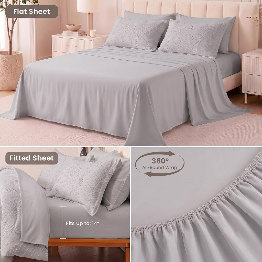 Grey Bedding Comforter Set King Size 7 Pieces Tufted Boho Comforter Set Leaves Floral Farmhouse Shabby Chic Bedding