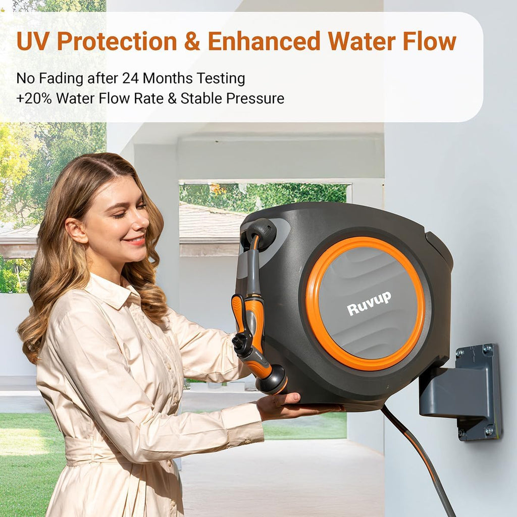 Garden Hose Reel 1/2"x150ft Retractable Water Hose With Metal Bracket | Automatic Rewind, Slow Auto Retraction, Wall