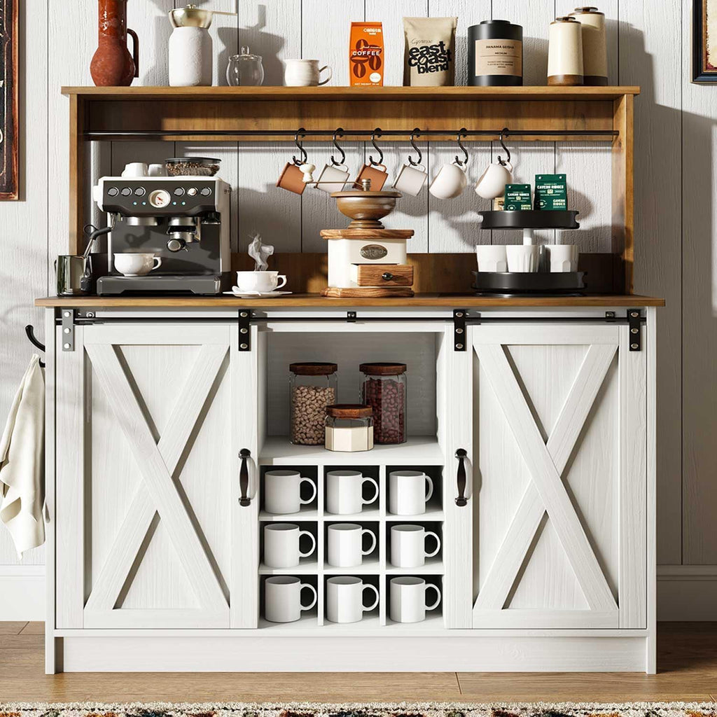 47" Farmhouse Coffee Bar Cabinet with Storage Hutch, White