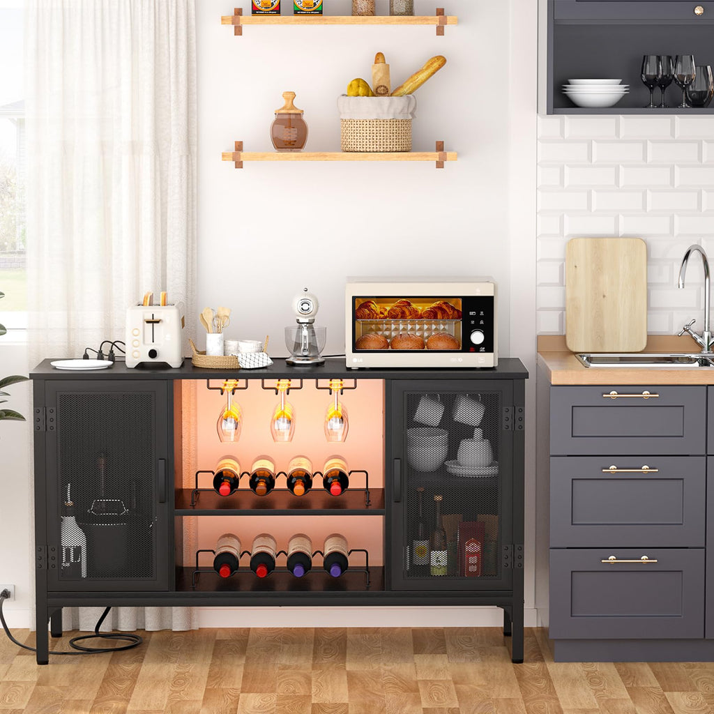Wine Bar Cabinet with Power Outlets & LED Lights, Black
