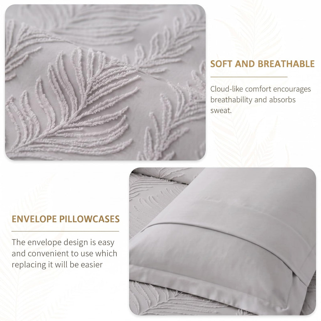 Grey Bedding Comforter Set King Size 7 Pieces Tufted Boho Comforter Set Leaves Floral Farmhouse Shabby Chic Bedding