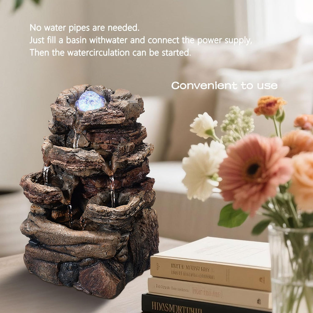 Tabletop Waterfall Fountain with Glass Ball and Color Changing LED - Indoor Decorative Waterfall, Resin Natural