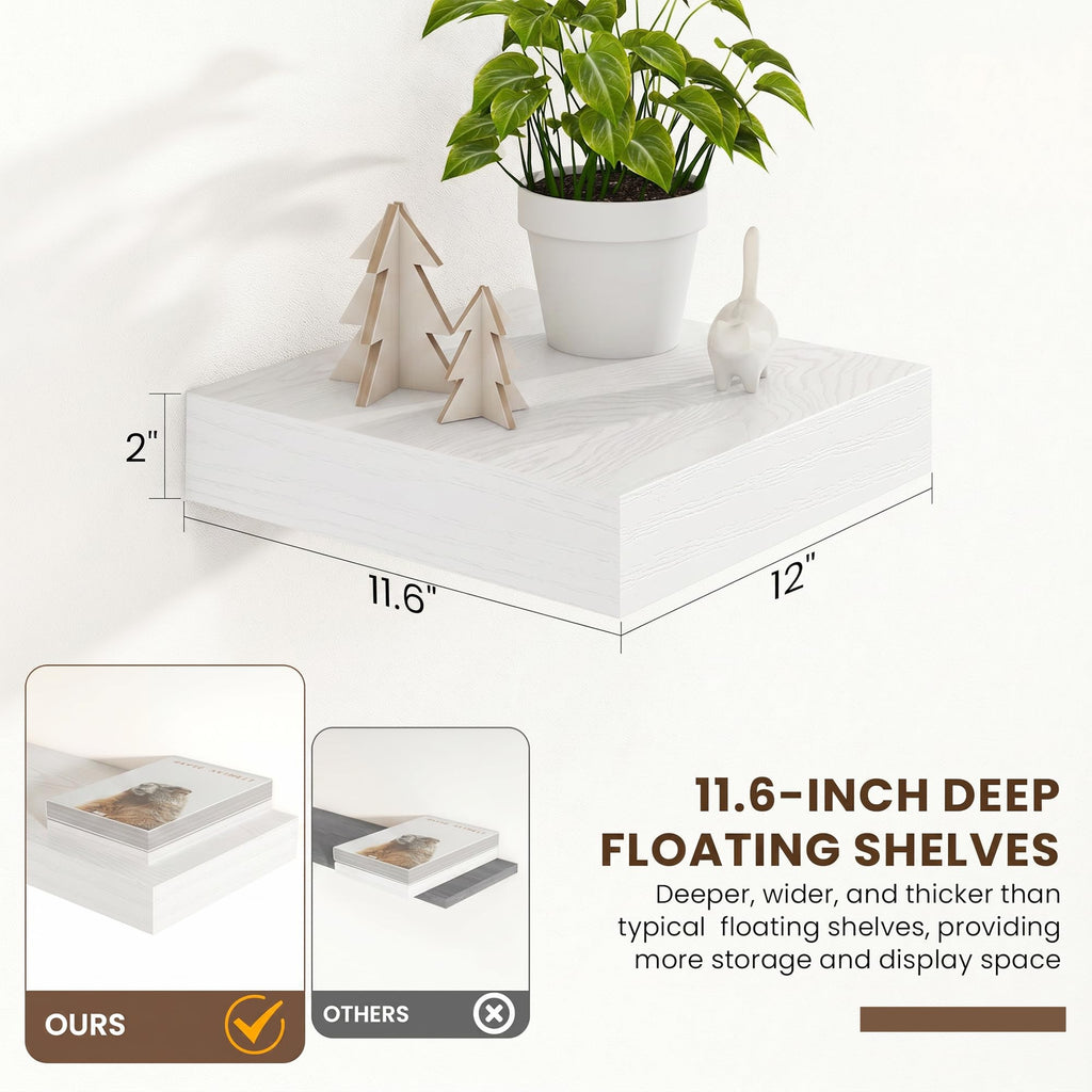 12 Inch Deep Floating Shelves, 12'' x 12'' White Shelves Set of 2