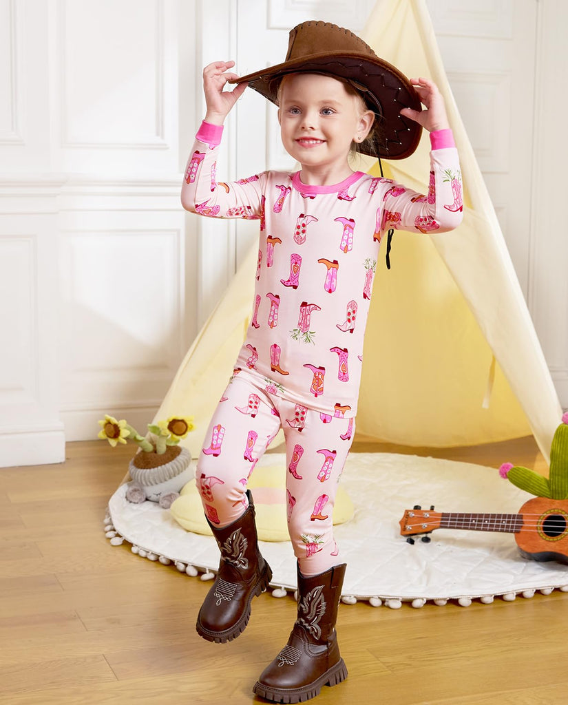 Bamboo Viscose Toddler Girls Kids Pajamas Pinky Boots Pjs Long Sleeve Snug fit 2pcs Soft Jammies