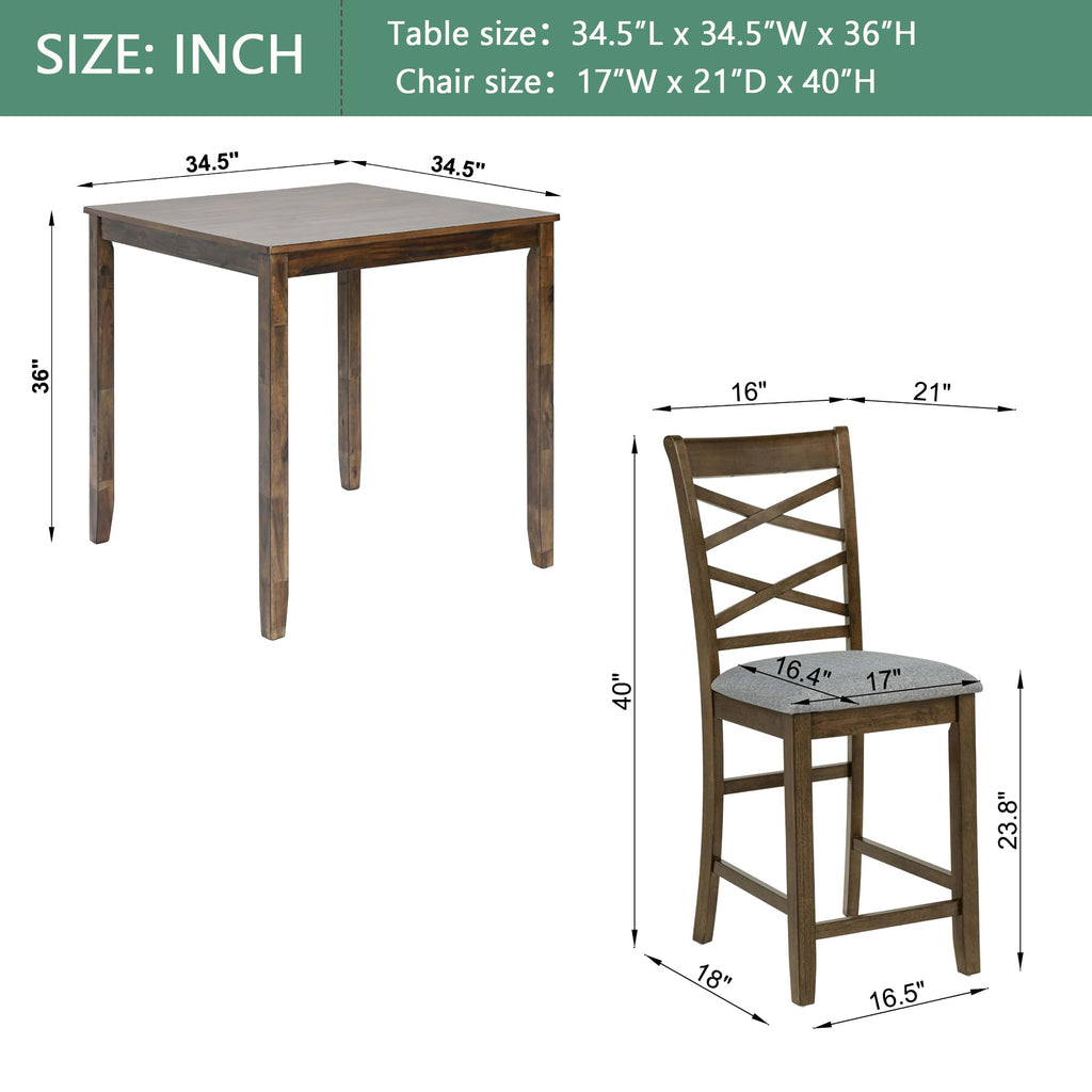 Counter Height Dining Table Set 5-Piece, 34.5" Square Wooden Table & 4 Upholstered Chairs, Modern Walnut Finish