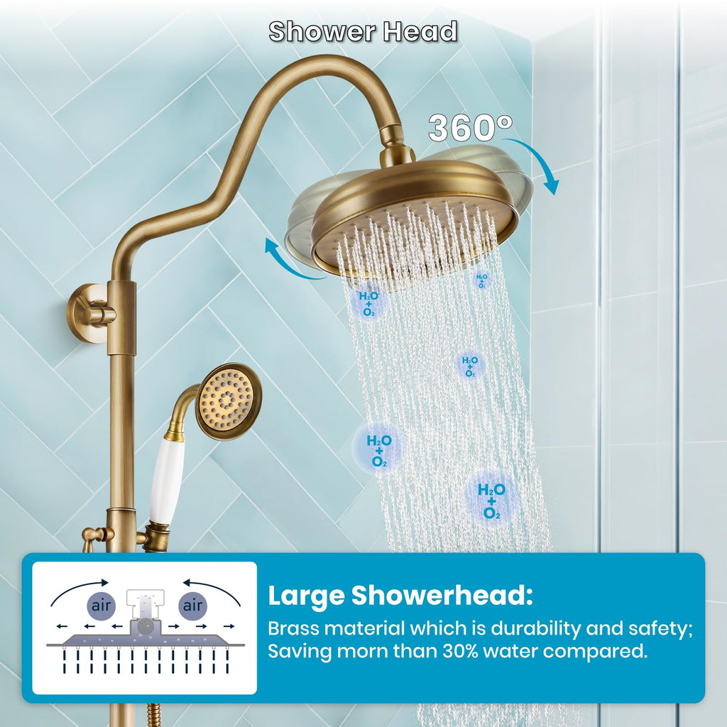 Exposed Shower Faucet Set Luxury,Antique Brass,Curved Arc Rod
