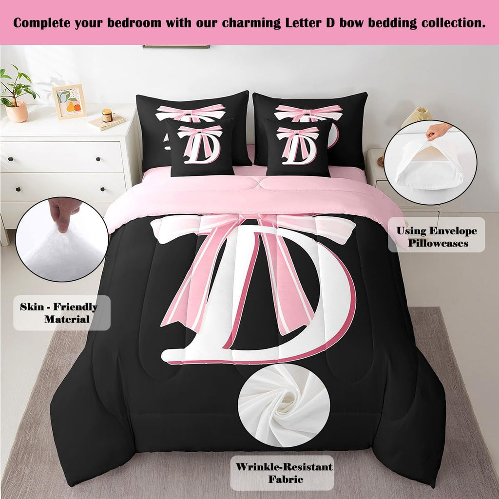 Jejeloiu Kids Girls Black Pink Bow Comforter Set with Sheets Queen Monogrammed 7 Piece Bedding Set Personalized