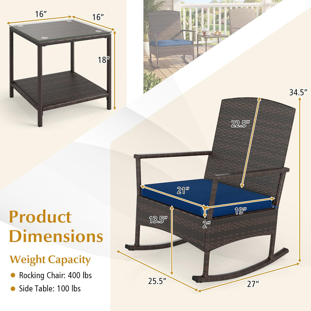 3-Piece Outdoor Bistro Set Wicker Rocking Chairs (Navy)