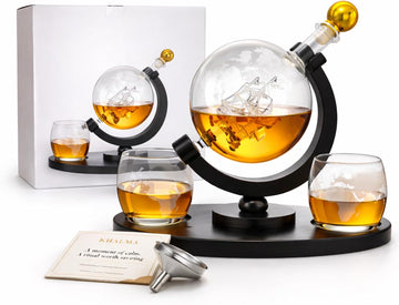 Ry Whiskey Decanter Set for Men, Whiskey Globe Decanter with 2 Etched Glasses, High End Bourbon & Scotch Gift - Set of 7