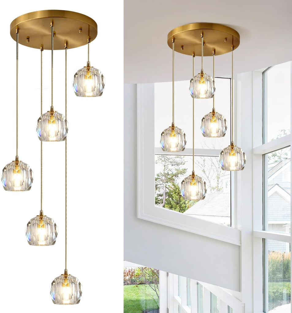 Mid Century 5-Lights Cluster Pendant Lighting Modern Gold Crystal Kitchen Island Pendant Light Multi Light Brass LED Pendant Light Fixture Clear Bubble Round Dining Chandelier A116-B0CFF3LJHG