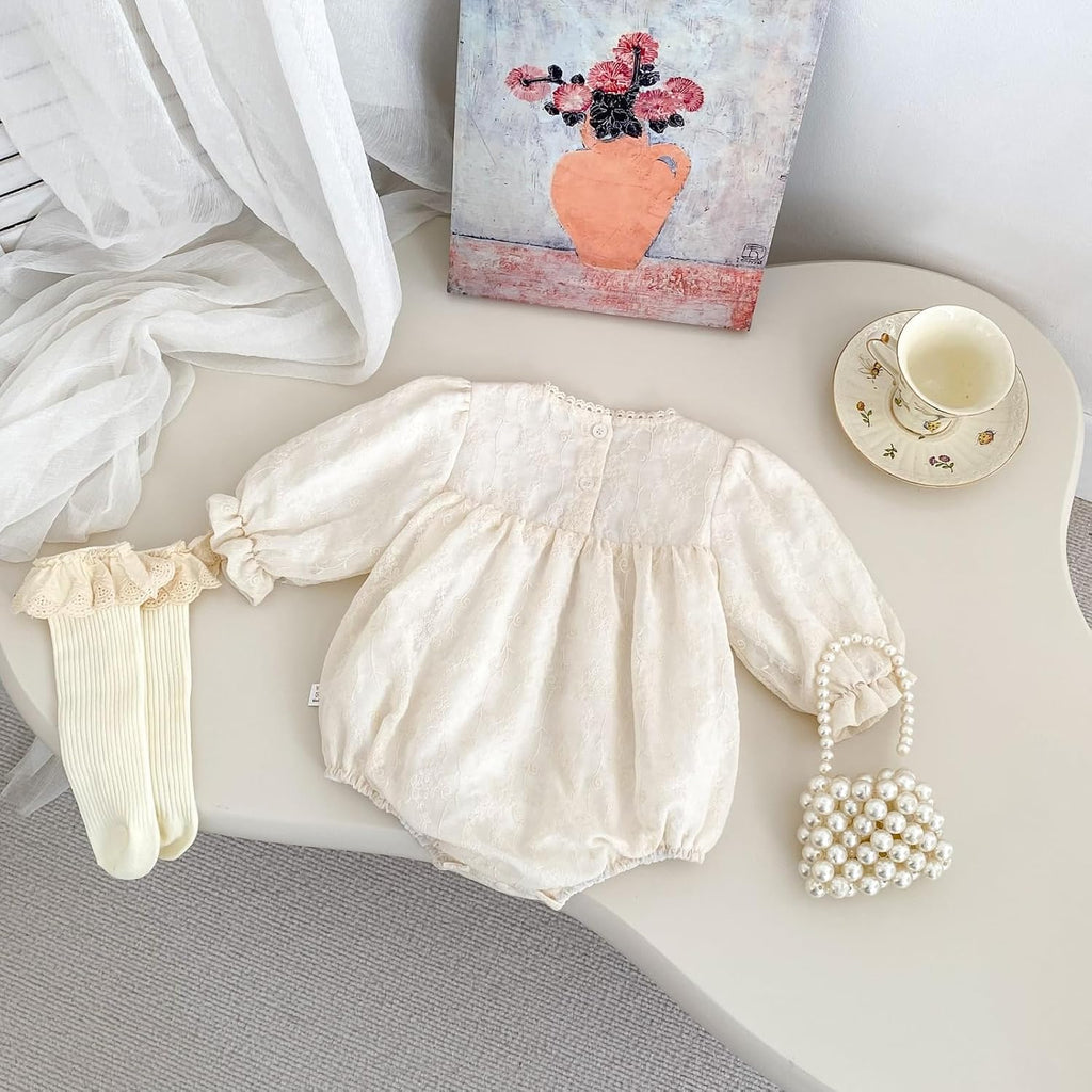 Baby Girl Long Sleeve Romper Floral Embroidery Lace Ruffle Collar Bubble Bodysuit for Spring Fall Outfit