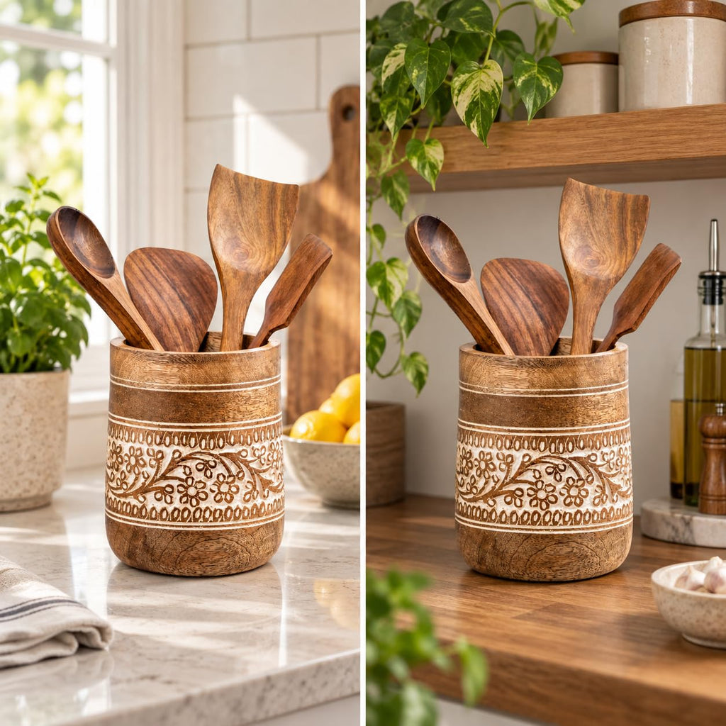 Farmhouse 7'' Large Wooden Utensil Holder, White Floral