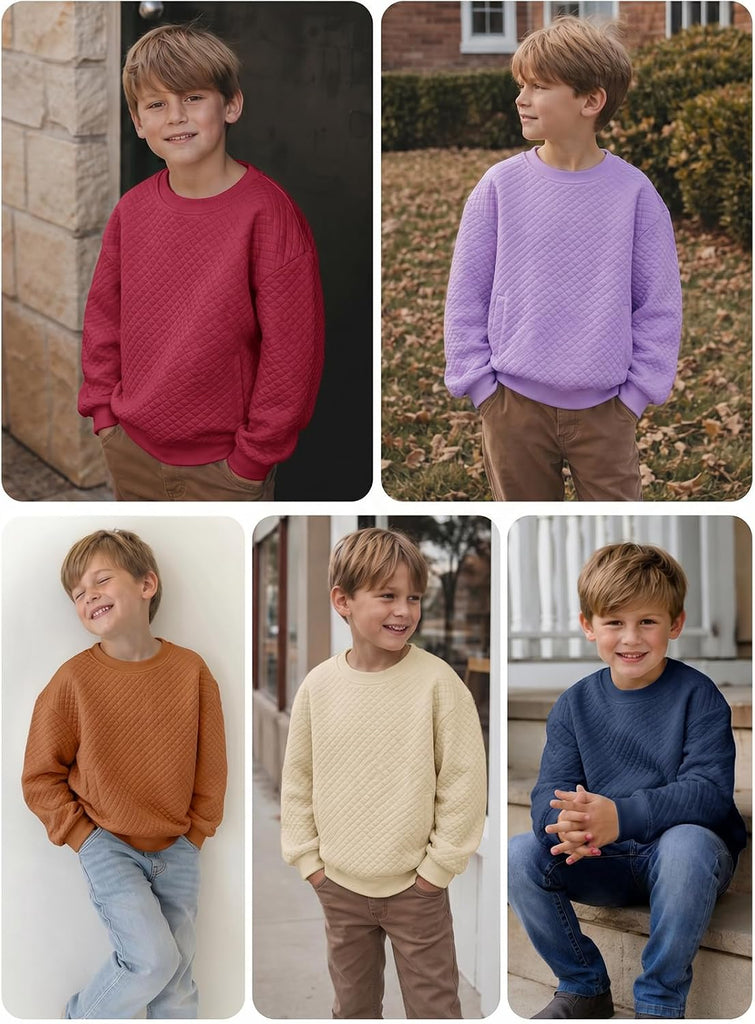 Boys Quilted Sweatshirts Kids Fashion Crewneck Long Sleeve Pullover Clothes with Pockets