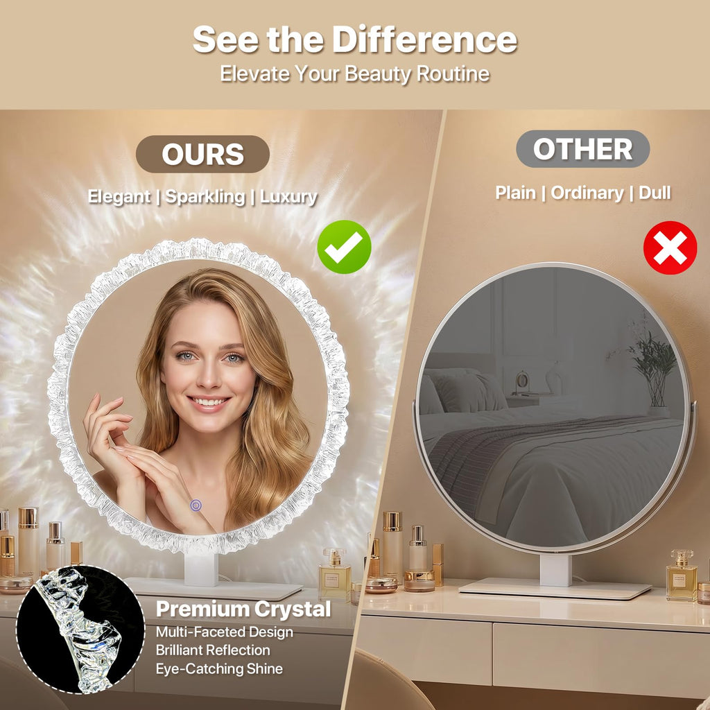 Round Vanity Mirror with Lights, 16" Crystal Frame, Touch Control