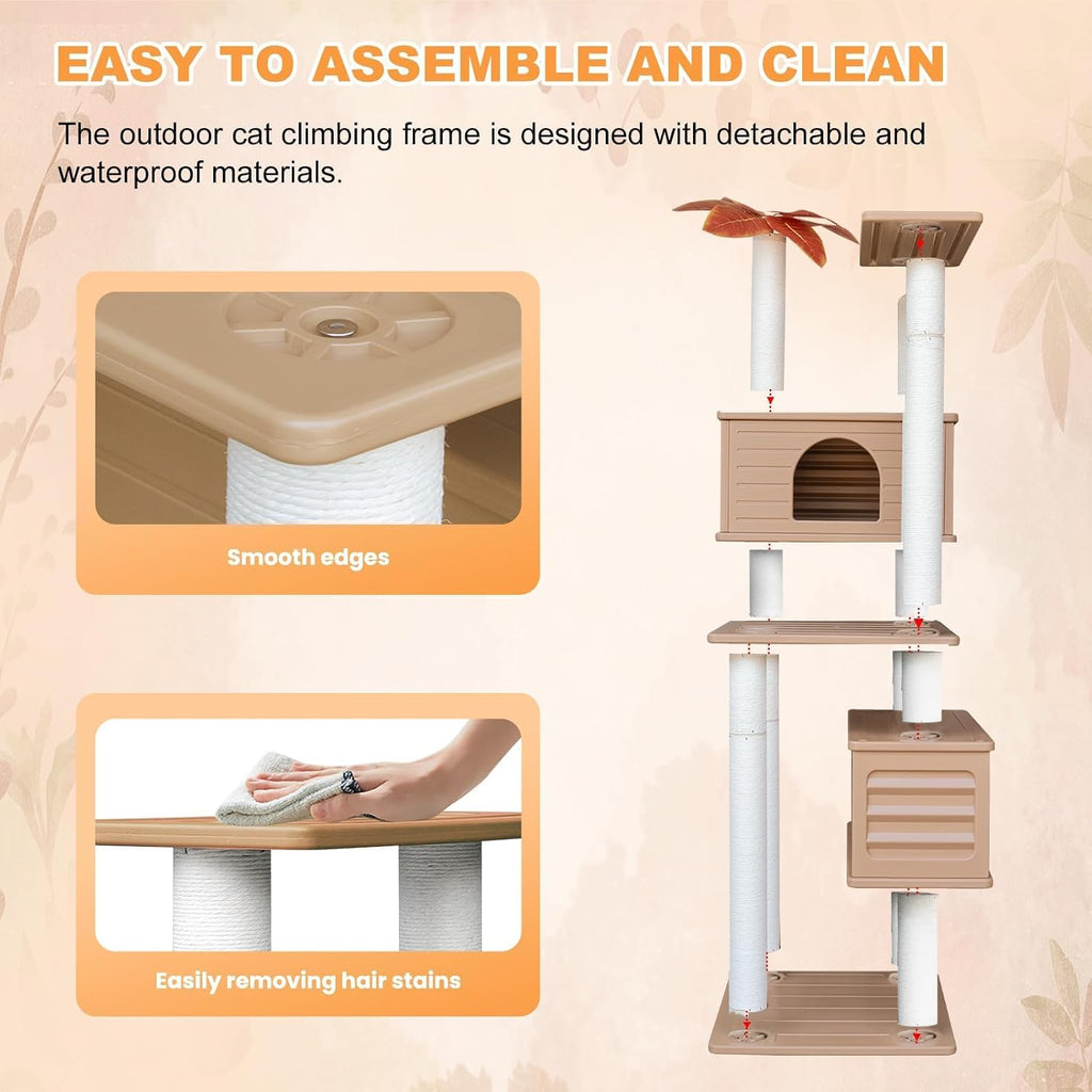 64in Weatherproof Outdoor Cat Tower, Multi Level with Two Large Cat Condos