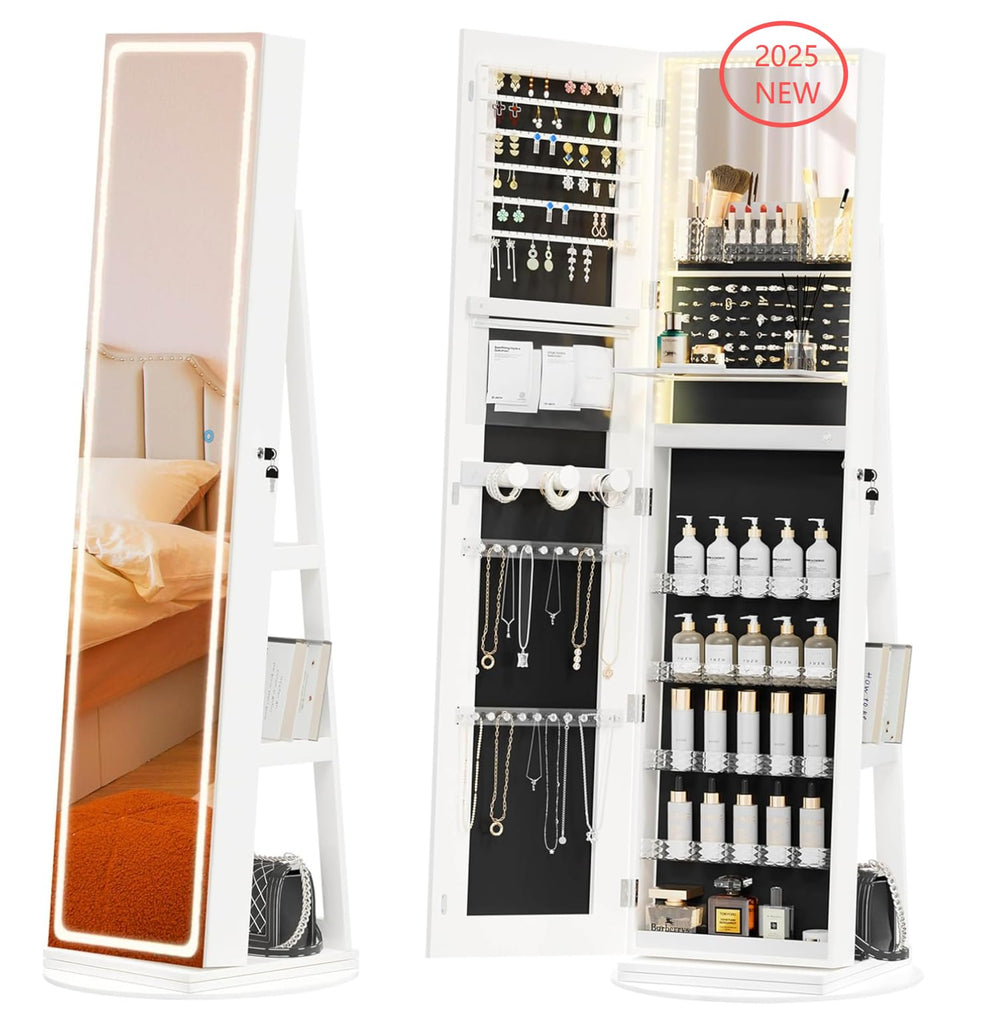 Mirror Jewelry Cabinet Standing, Jewelry Armoire with Full-Length LED Mirror and Adjustable Lights, 360° Swivel