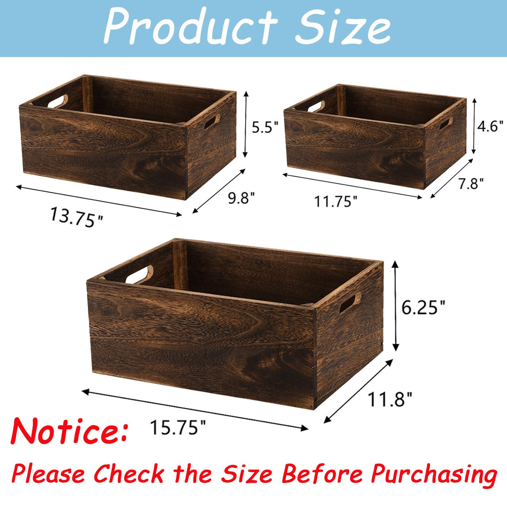 Set of 3 Wood Nesting Storage Crates with Handles, Decorative Farmhouse Wooden Crates Storage Containers Rustic